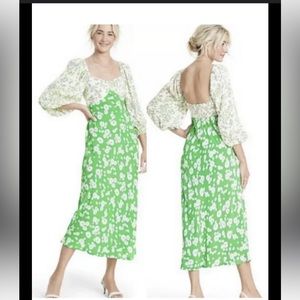 RIXO for Target Long Sleeve Puff Sleeve Daisy Midi Dress Green Pink Yellow White